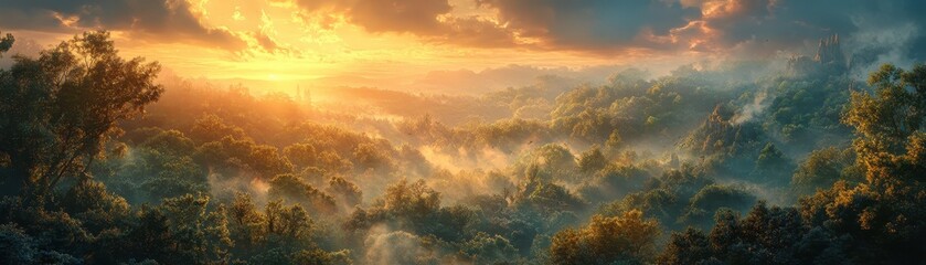 Naklejka premium Stunning Sunrise Over Misty Forest Landscape with Lush Greenery and Dramatic Sky in a Serene Natural Setting