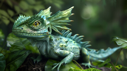 Fototapeta premium Captivating Green Lizard in the Lush Jungle Foliage