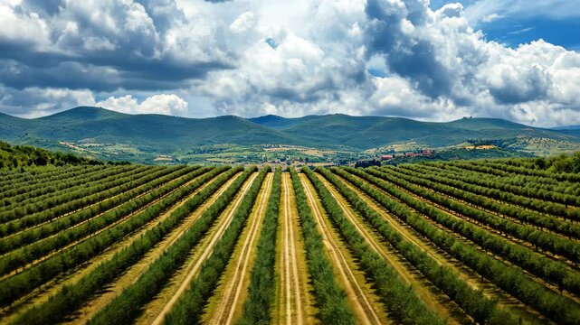 Rows of olive trees stretch across a tranquil farming landscape in a scenic countryside view, Farming background country view Olive tree rows farmland