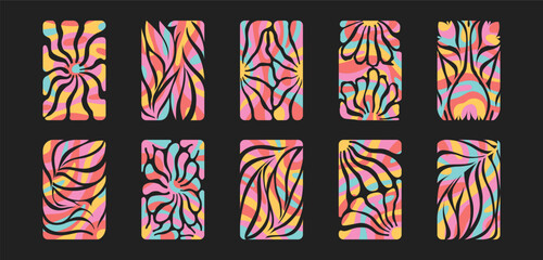 Vector illustration set of groovy colorful icons with abstract flowers, leaves, brunches isolated on black background. Modern funky floral design elements for sticker print, card