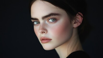 Fototapeta premium Closeup Portrait of a Young Woman with Freckles and Subtle Makeup Against a Dark Background