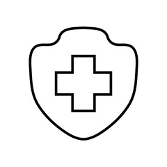 Shield health care icon vector, health protection shield icon, black and white shield with medical cross icon, outline style shield with medical cross icon isolated on white background.