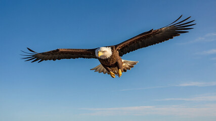 Fototapeta premium Majestic Bald Eagle soaring freely against a clear blue sky with outstretched wings