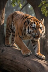 Obraz premium A tiger climbs a big tree trunk to catch its prey on the tree.