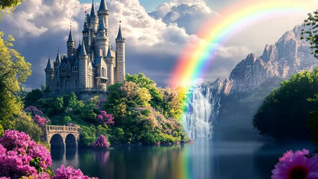 Castle overlooking a serene river with blooming flowers and a vibrant rainbow in a stunning paradise setting, Castle on paradise with river, flowers, rainbow, beautiful video background ing