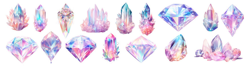 PNG Colorful iridescent crystal gemstones collection set, isolated on transparent background