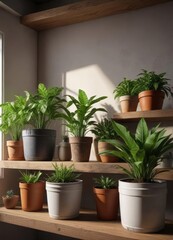 Fototapeta premium a group of agro nem plants in different pots on a shelf, vertical gardening, decorative accents
