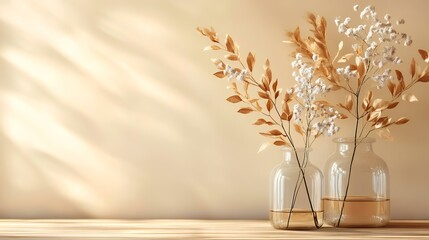 Dried flowers in glass vases, sunlit room, minimalist decor, website banner