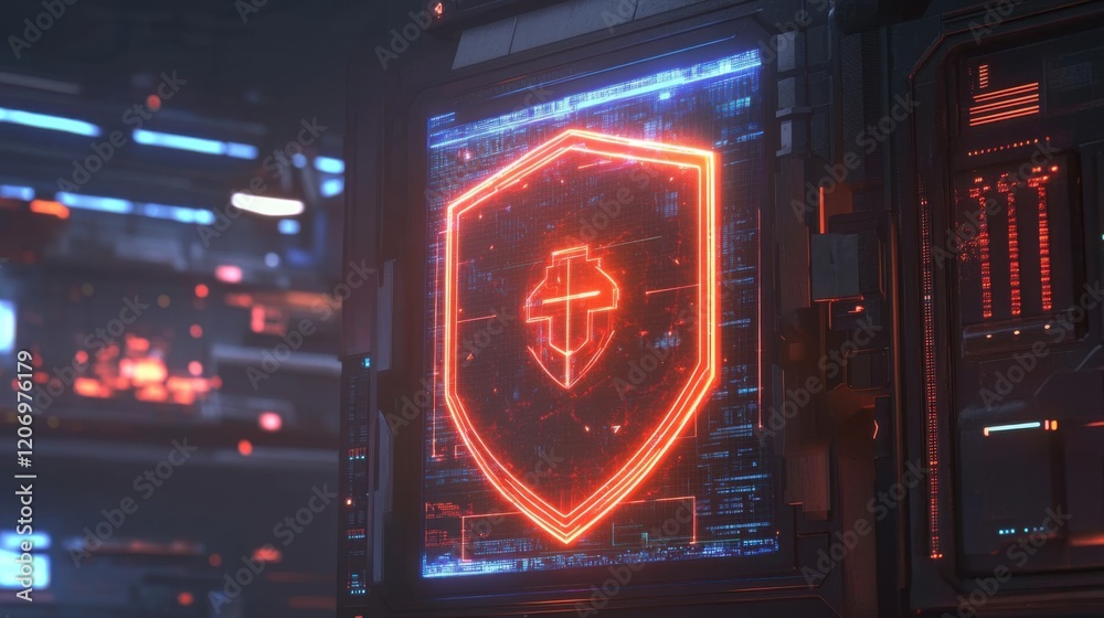 Poster futuristic digital shield icon with neon glow displayed in a high-tech environment, symbolizing prot
