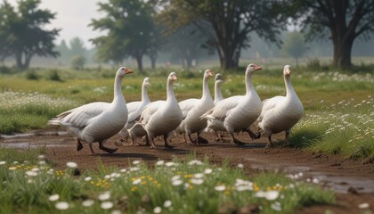 Obraz premium A group of fat white geese waddling across a muddy meadow with a few wildflowers and trees, wildflowers, grasslands, animal behavior