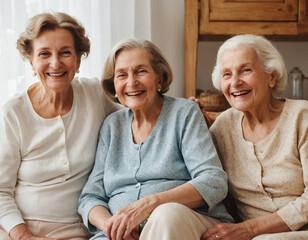 Portrait von drei sehr alten l&auml;chelnden Damen zuhause