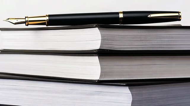 A sleek black pen rests on a stack of neatly arranged notebooks, organization and productivity in learning or work.