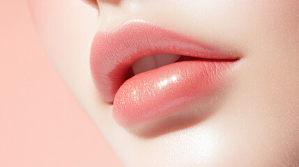 Luscious Lips: Close-up of soft, full lips with a natural, healthy pink hue, beautifully illuminated against a subtle pink background.  The image evokes a sense of beauty, femininity.