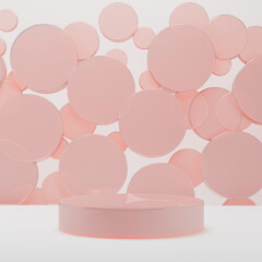 Pink glass glossy round podium mockup on white abstract stage for presentation cosmetic products, goods, advertising, design. Flying circles decor. Template 3D illustration airy, fashion, style scene.