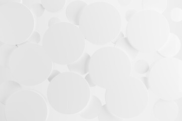 White plastic circles flying on soft light shining background as pattern, top view. 3D illustration with cylinders as texture in modern simple, gentle, geometric style for sale, advertising, design.