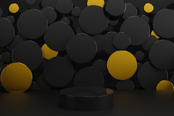 Black glossy plastic podium mockup on abstract stage for presentation cosmetic products, goods, advertising. Black, gold circles as decor. Template 3D illustration black friday, rich, elegant scene.