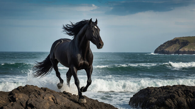 Majestic Black Horse Galloping Along Rocky Coastal Shoreline against Ocean Waves