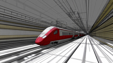 Fototapeta premium Red train traveling through a dark tunnel with motion blur and focused light at the tunnel entrance