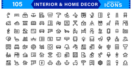 Interior and Home Decor Icons. Minimalist Vectors for Interior Design, Furniture, and Decoration