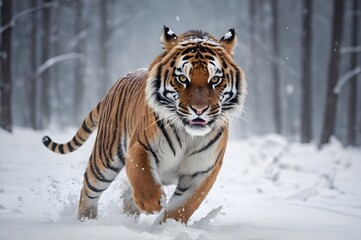 Fototapeta premium A tiger runs fast after its prey under the snow. Cold and windy atmosphere.