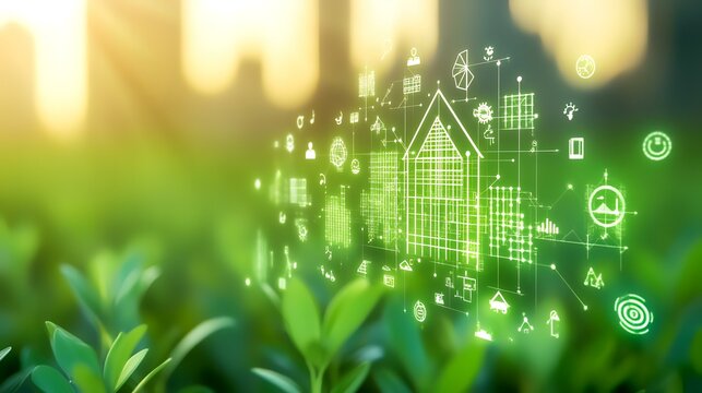 Green Home Design  Eco-friendly housing plan visualized over lush foliage, sunset backdrop