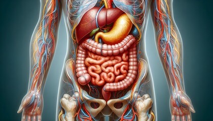 A detailed medical illustration of the human abdomen, highlighting internal organs such as the stomach, liver, and intestines in an educational format.	