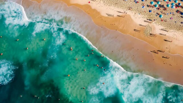 Aerial view of Bondi Beach showcasing vibrant water and sandy shoreline in Australia, Bondi beach Australia aerial view Australia travel destination