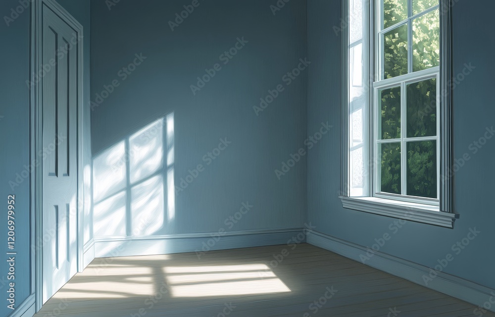 Poster sunlit empty room with door and window.