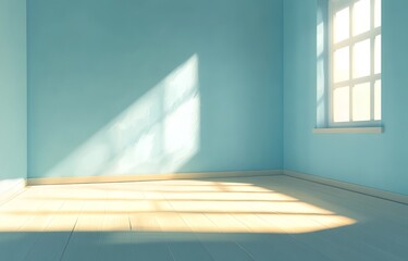 Sunlit empty room with light blue walls and wooden floor.