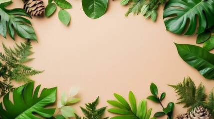 Fototapeta premium Lush green leaves frame beige background; nature border; flat lay; website banner