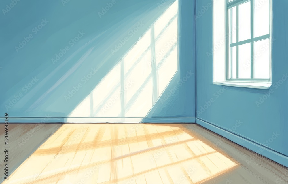 Poster sunlight streams into an empty room with light blue walls and wood floors.