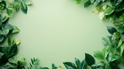 Fototapeta premium Lush green leaves frame pastel background; nature template