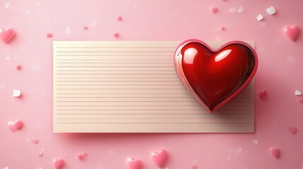 Blank Paper Note with Red Heart on Pink Background for Romantic Messages, Love Notes, or Valentine's Day Cards Inspiration