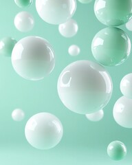 Floating spheres in a soft mint background.