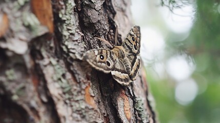Obraz premium Moths mating on pine tree bark, forest background, nature photography