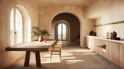 Sunlit rustic kitchen-dining room, arched windows, villa interior design