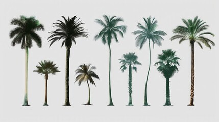 Multiple Palm Trees Collection Isolated on White Background
