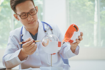 Male doctor specializing in eye diseases, providing consultations at a hospital, discussing eye...