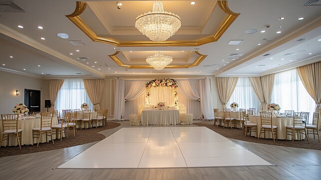 Elegant ballroom wedding setup, dance floor, reception
