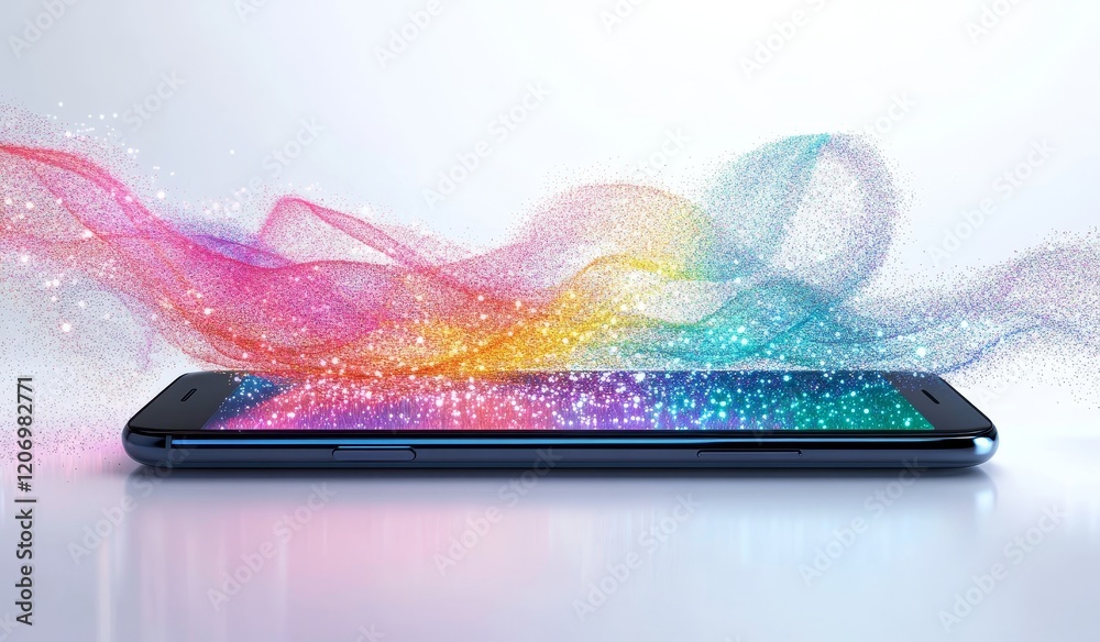 Poster colorful sparkles emanating from a smartphone screen.