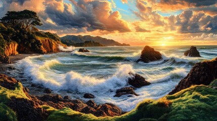 Obraz premium Dramatic sunset over rocky coast, waves crashing, peaceful background, ideal for travel posters