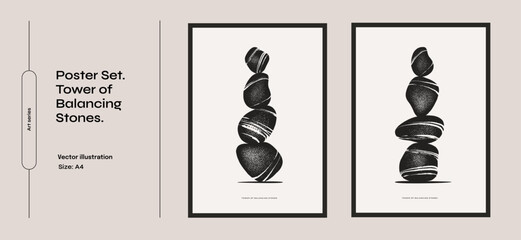 Set of posters with towers of balancing stones. Element for the design of interior posters, postcards, posters. Black and white vector illustration.