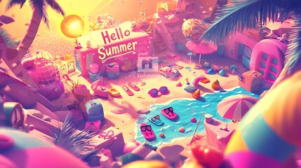 Obraz premium Hello Summer: A vibrant, whimsical 3D illustration of a dreamy beach scene, filled with playful summer essentials and pastel hues, evoking a feeling of pure joy and carefree fun in the sun.