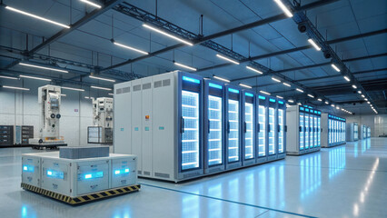 Futuristic cold storage facility with advanced technology and bright lighting