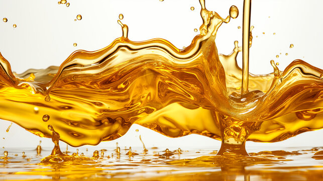Golden liquid oil splash capturing energy and movement on white background. Generative AI