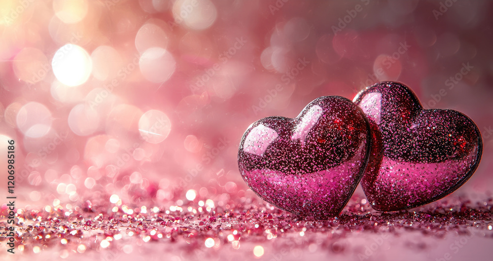 Aufkleber shiny hearts on a pink background with a place for the text.