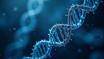 Futuristic 3D DNA Strand with Glowing Particles on Blue Background