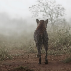 Fototapeta premium Hyena dramatic back view in foggy environment. Generative AI
