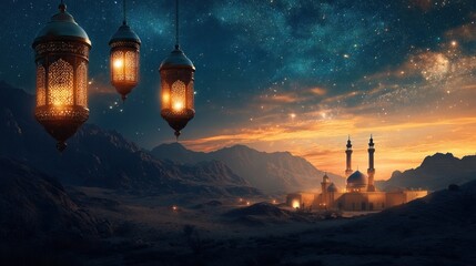Islamic Night with Golden Lamps and Mosque