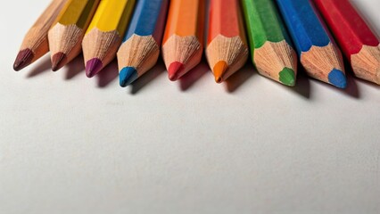 Close-up of scattered colorful pencils on white surface